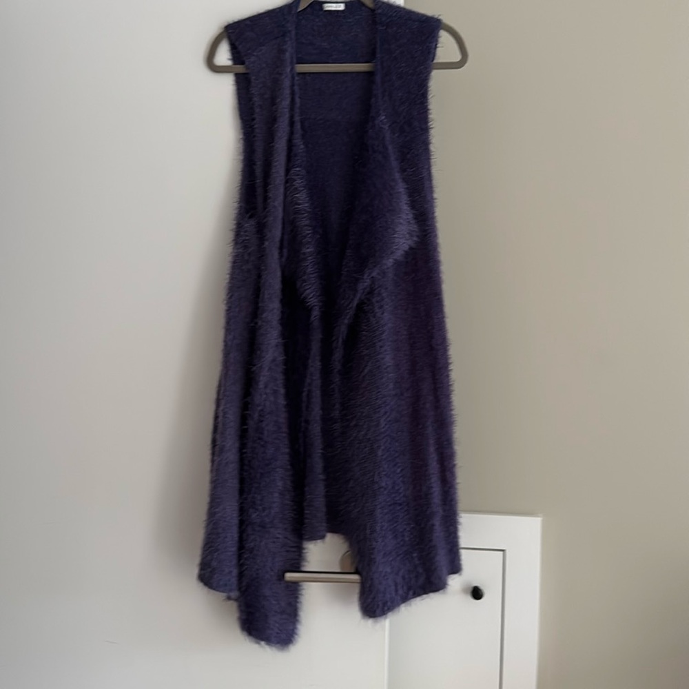 Long fuzzy purple sleeveless sweater
